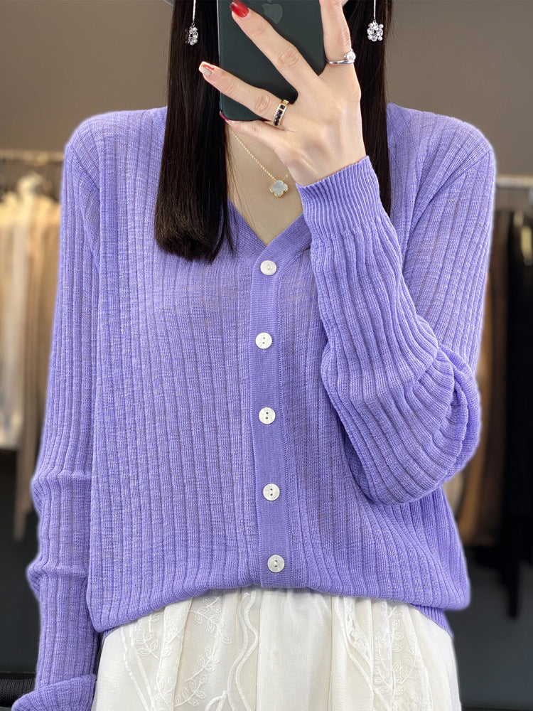 Women V-Neck Knitted Cardigan Light Green Summer Cotton