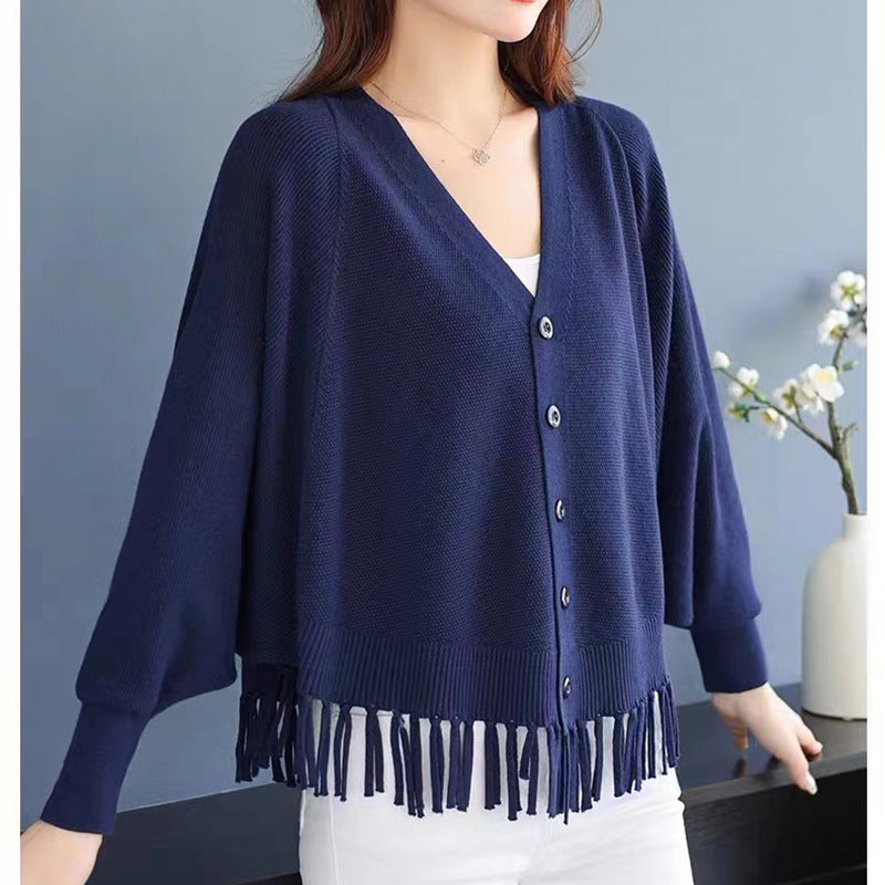 Women Loose V-neck Tassel Knitted Cardigan Winter