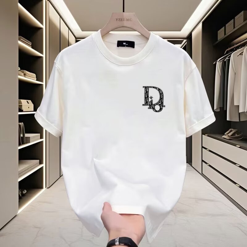 Men Cotton Short Sleeve T-Shirt White Loose Fit Summer