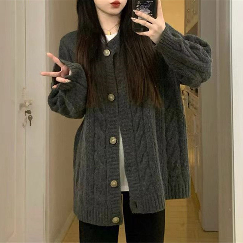 Women Vintage Cable Knit Sweater Loose Long Sleeve Winter Gray