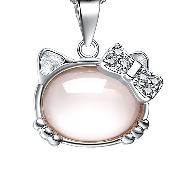 Women Korean Hibiscus Stone Cat Necklace Silver Plated Red