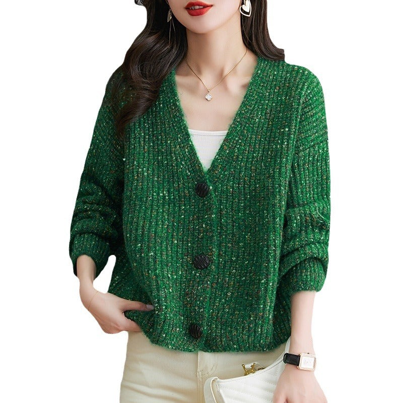 Women V Neck Knitted Cardigan Loose Fit Winter Brown