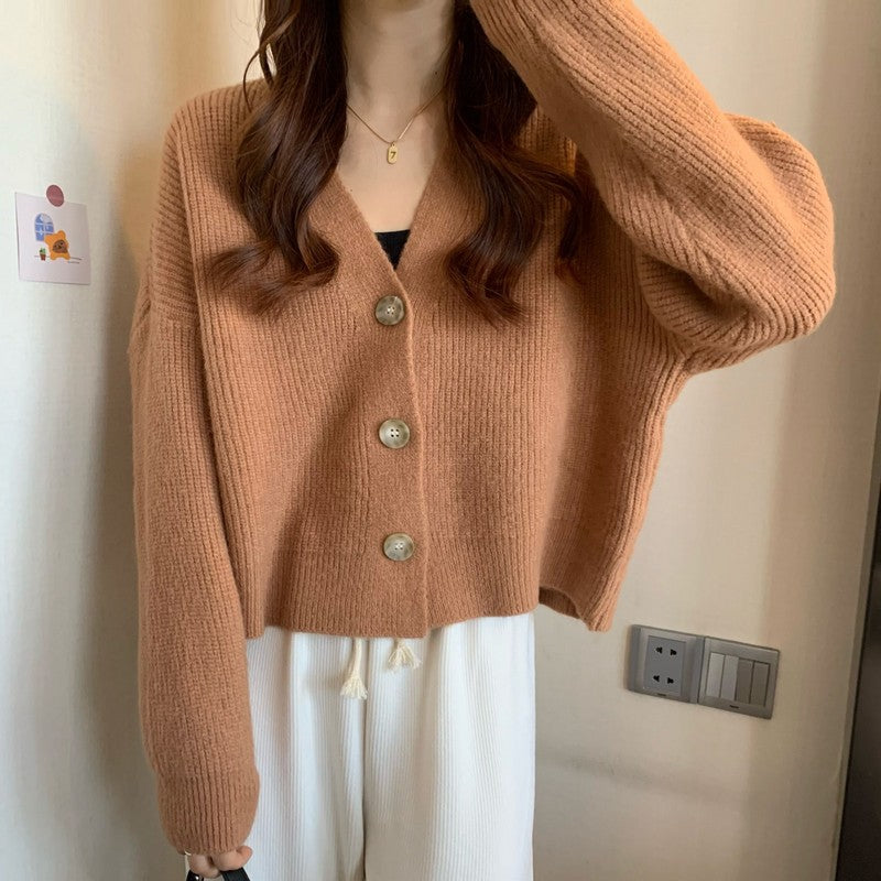 Women Green Waxy Knit Cardigan Jacket Winter New Style