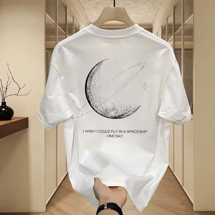 Black Graphic T-Shirt with Moon Design for Men Women Summer