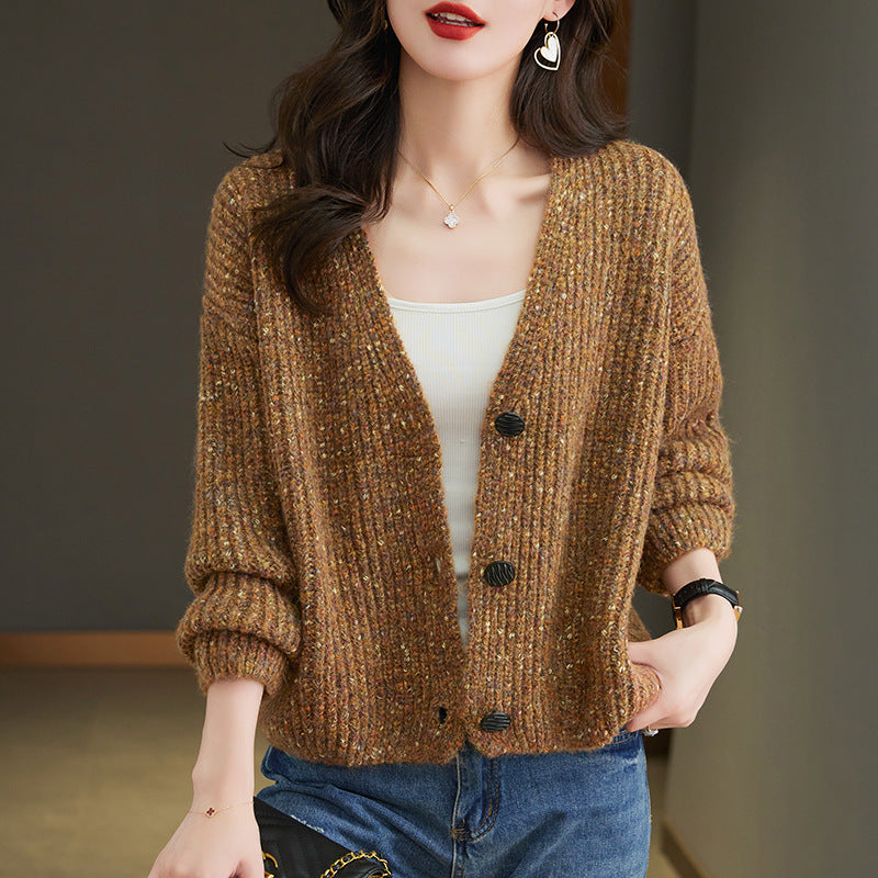 Women V Neck Knitted Cardigan Loose Fit Winter Brown