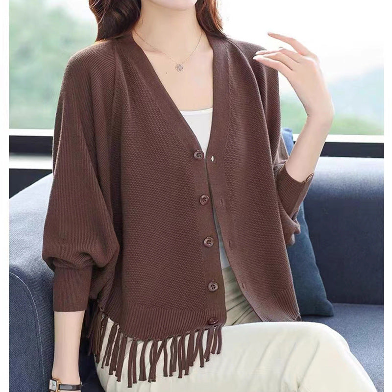 Women Loose V-neck Tassel Knitted Cardigan Winter