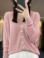 Women V-Neck Knitted Cardigan Light Green Summer Cotton