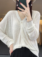Women V-Neck Knitted Cardigan Light Green Summer Cotton