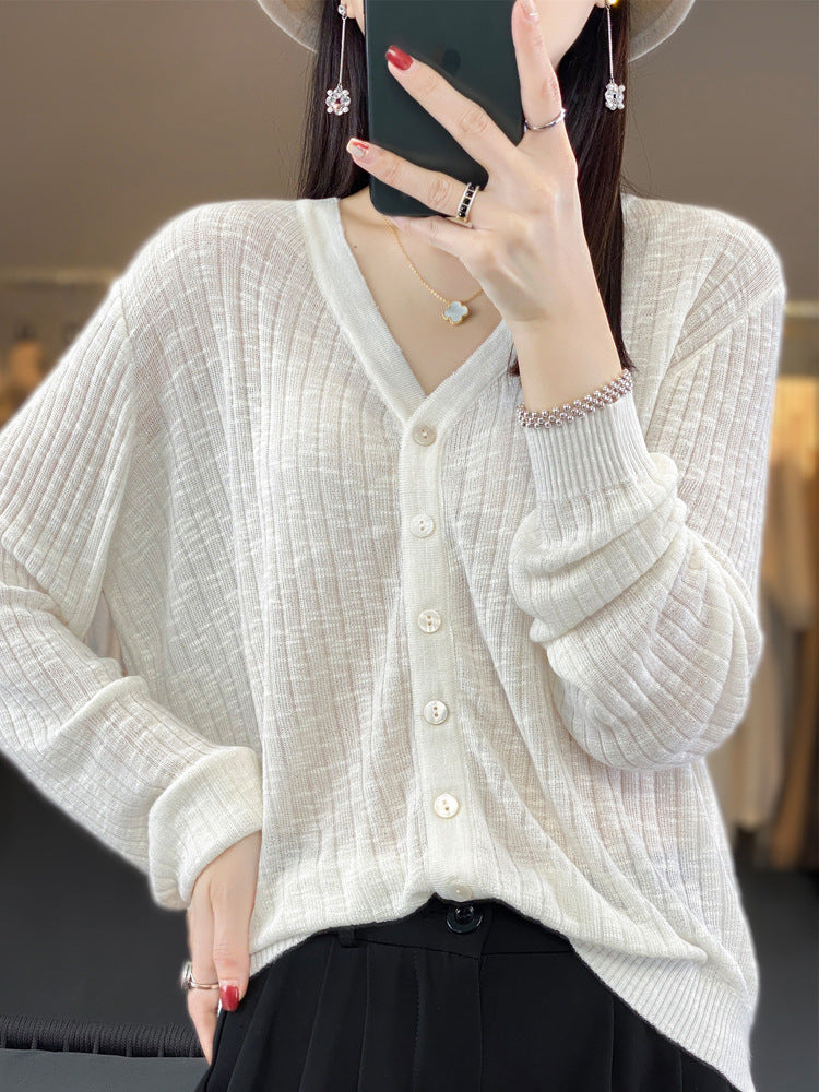 Women V-Neck Knitted Cardigan Light Green Summer Cotton