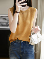 Women Knitted Linen Sleeveless Vest Solid Green Summer