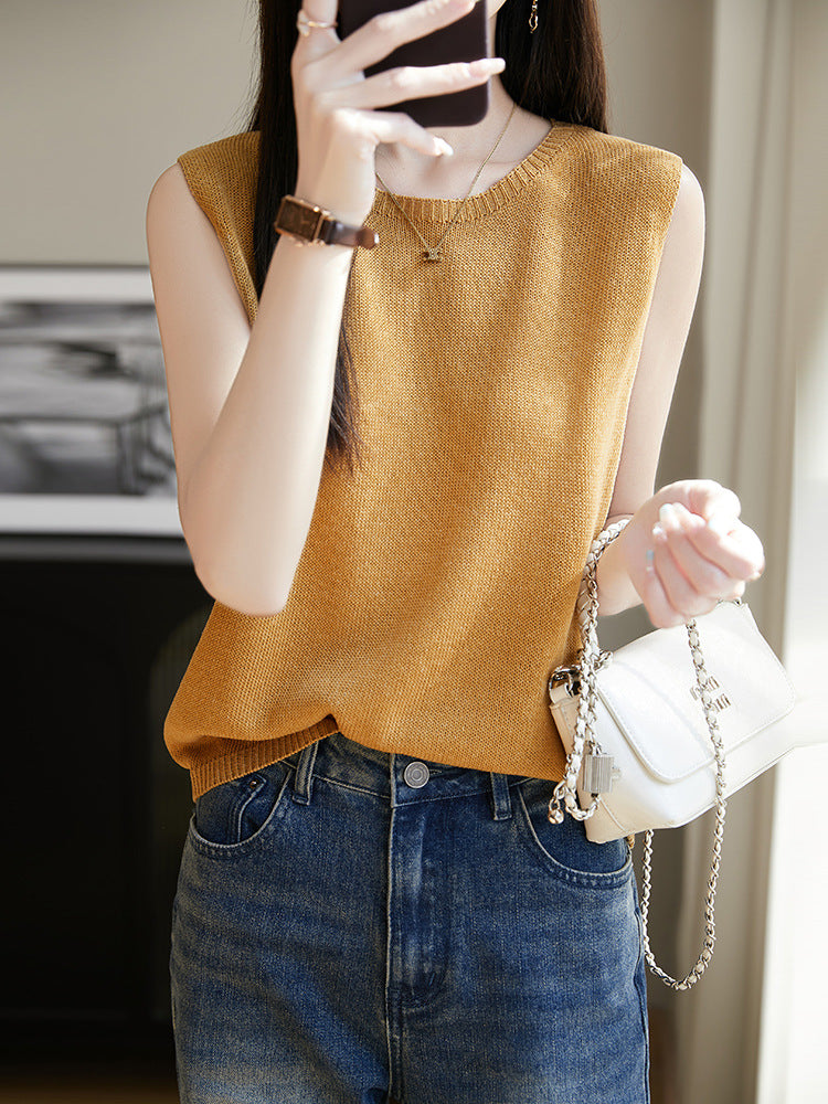 Women Knitted Linen Sleeveless Vest Solid Green Summer
