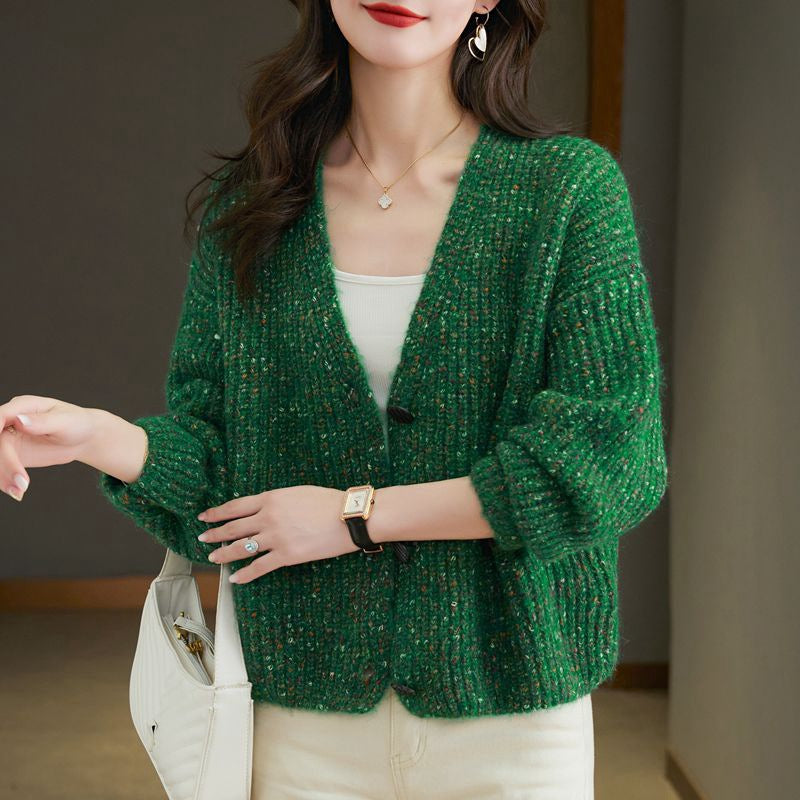 Women V Neck Knitted Cardigan Loose Fit Winter Brown