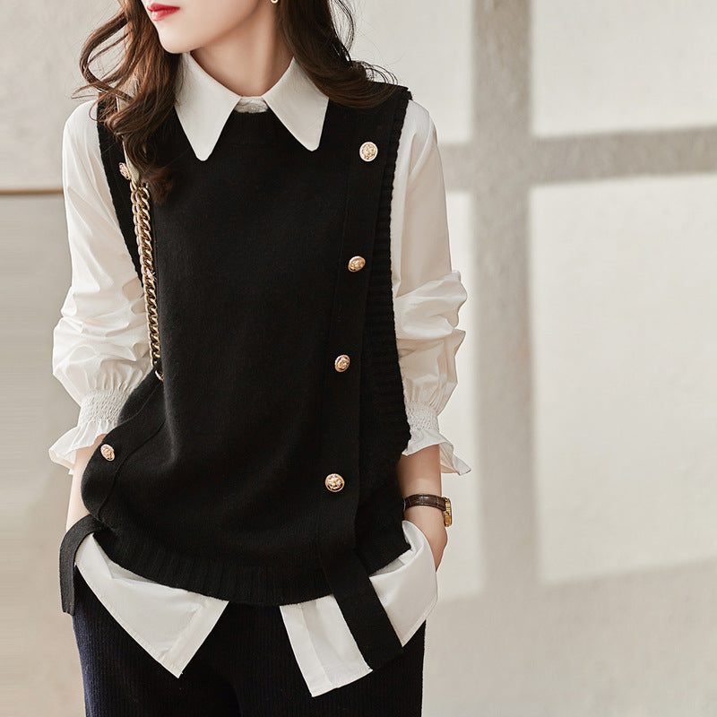 Women Knitted Button Vest Gray Casual Autumn Sweater