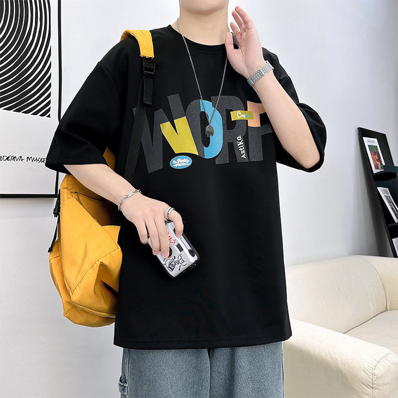 Men Loose Fit Printed T-Shirt Black Plus Size Summer