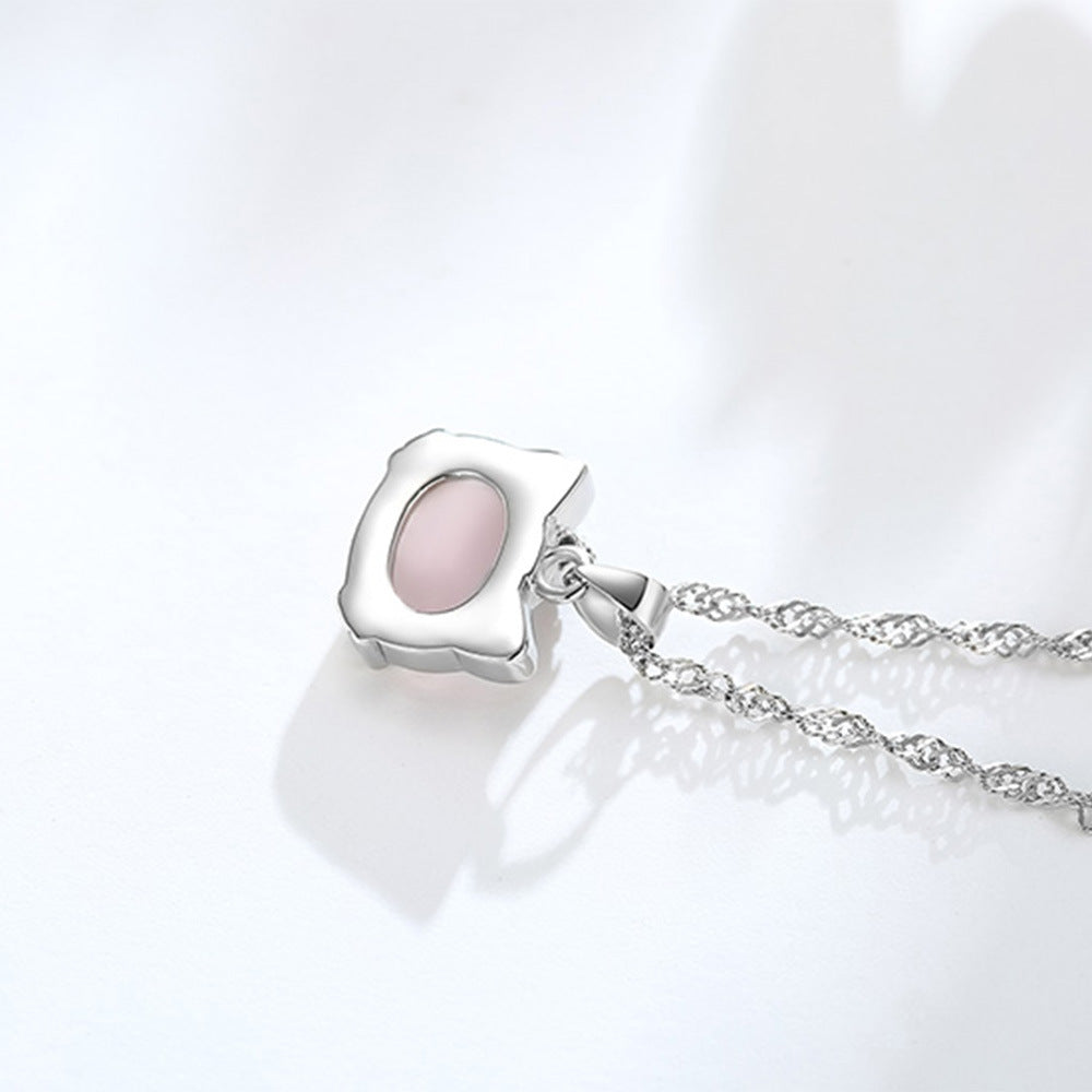 Women Korean Hibiscus Stone Cat Necklace Silver Plated Red