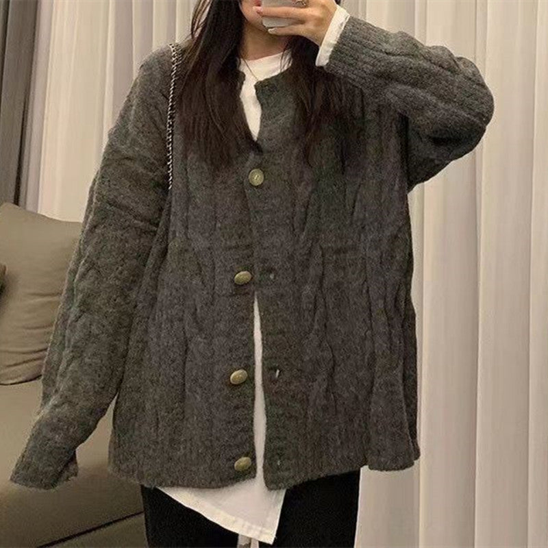 Women Vintage Cable Knit Sweater Loose Long Sleeve Winter Gray