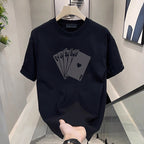 Men Loose Printed T-Shirt Black Poker Cards Summer