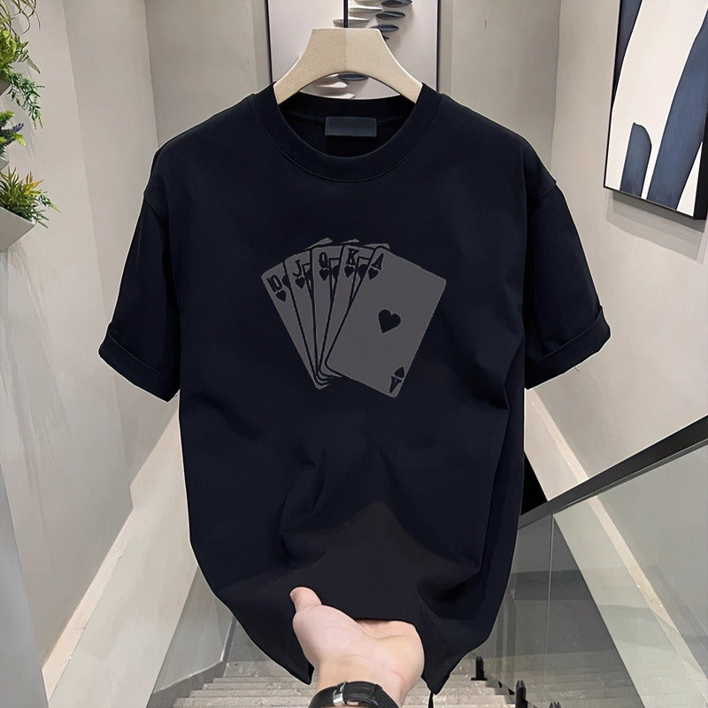 Men Loose Printed T-Shirt Black Poker Cards Summer