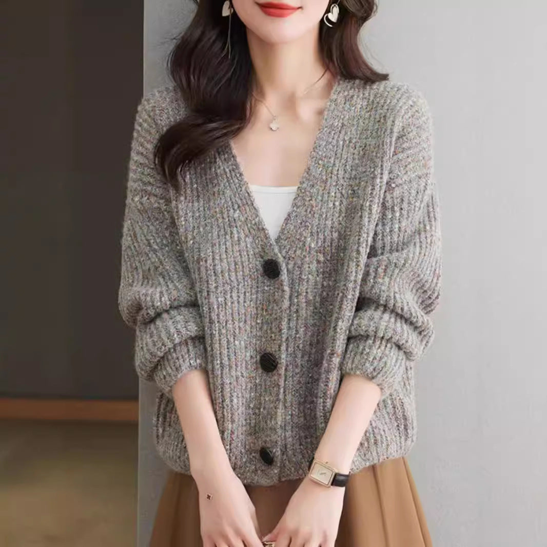 Women V Neck Knitted Cardigan Loose Fit Winter Brown
