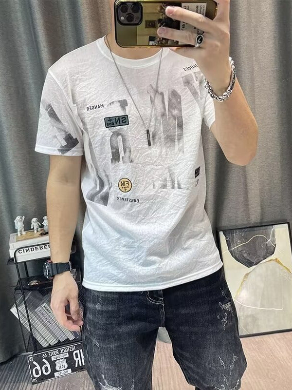 Men Printed Ice Silk T-Shirt Pure White Summer Casual