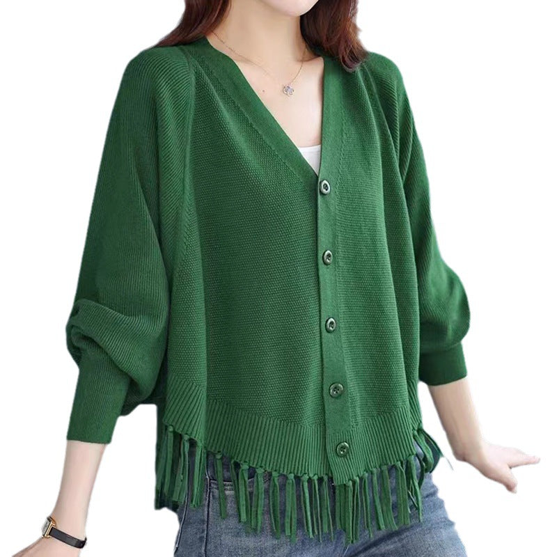 Women Loose V-neck Tassel Knitted Cardigan Winter