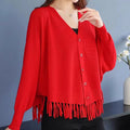 Women Loose V-neck Tassel Knitted Cardigan Winter