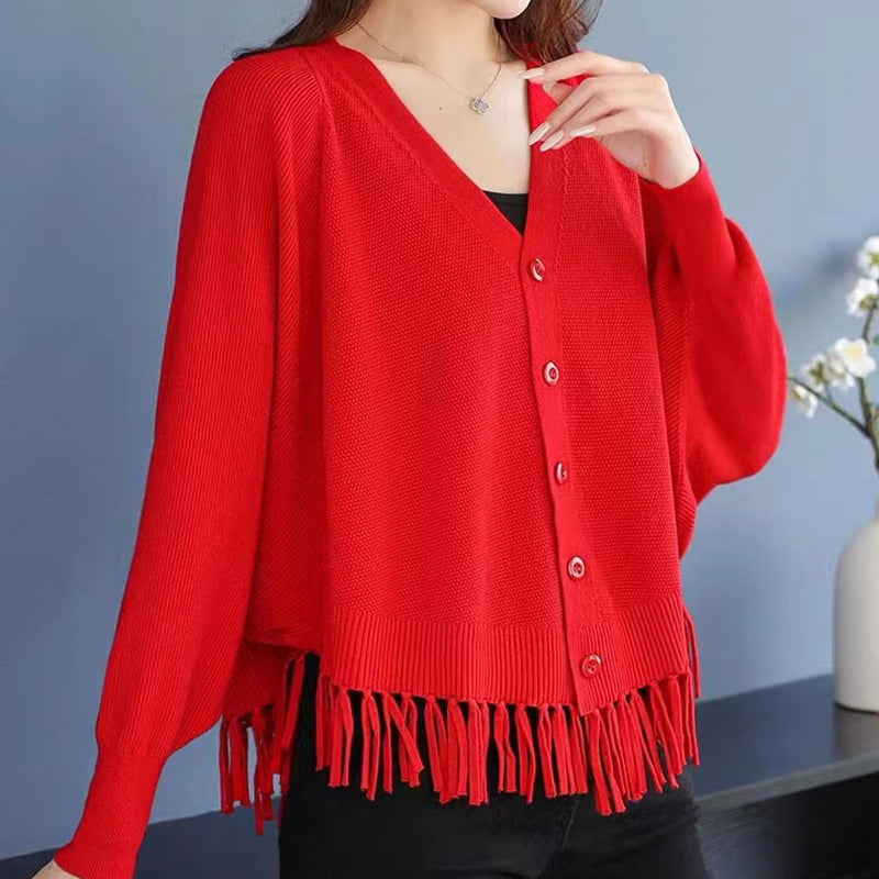 Women Loose V-neck Tassel Knitted Cardigan Winter