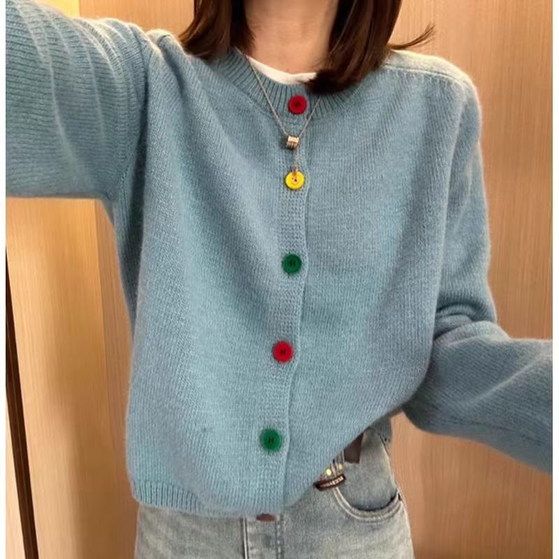 Pink Knitted Cardigan with Colorful Buttons for Women