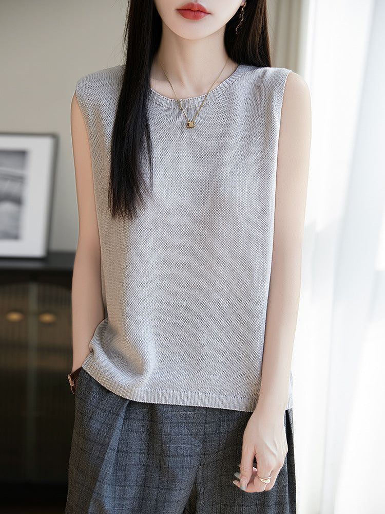 Women Knitted Linen Sleeveless Vest Solid Green Summer