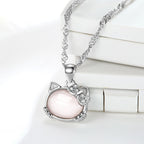 Women Korean Hibiscus Stone Cat Necklace Silver Plated Red