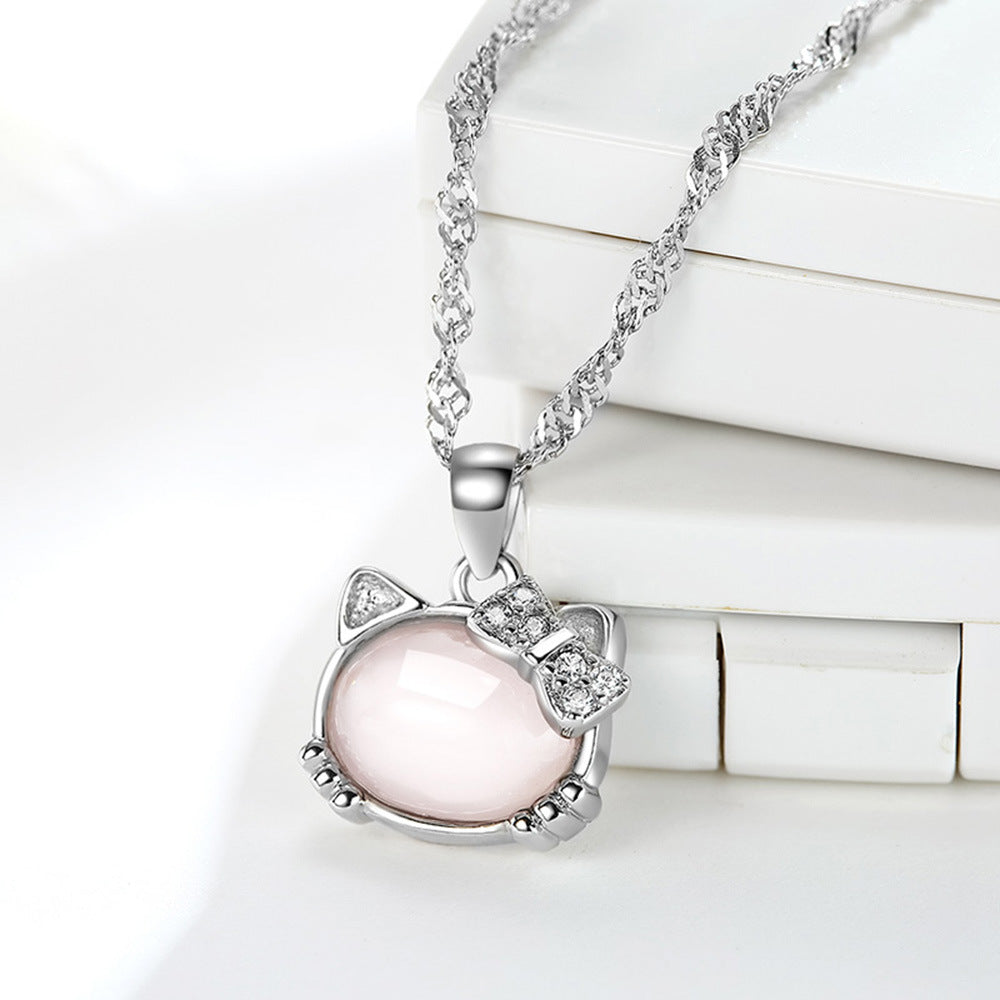 Women Korean Hibiscus Stone Cat Necklace Silver Plated Red