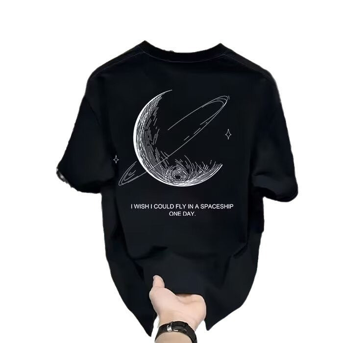 Black Graphic T-Shirt with Moon Design for Men Women Summer