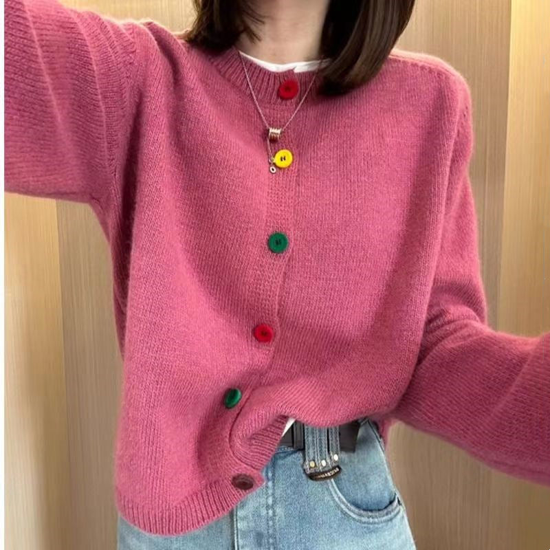 Pink Knitted Cardigan with Colorful Buttons for Women
