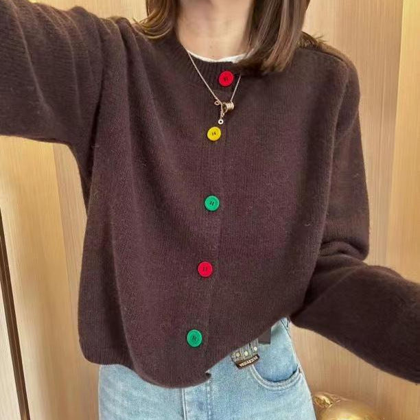 Pink Knitted Cardigan with Colorful Buttons for Women