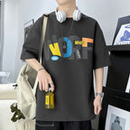 Men Loose Fit Printed T-Shirt Black Plus Size Summer