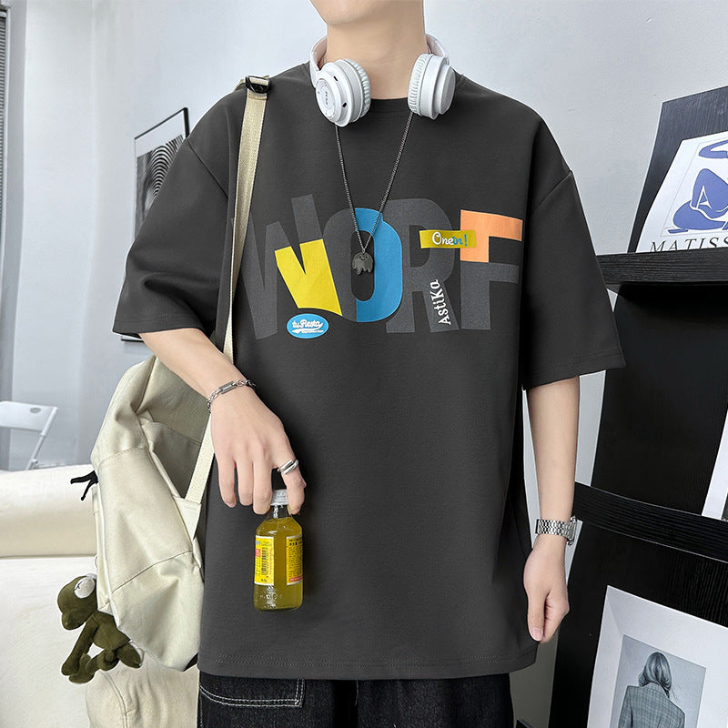 Men Loose Fit Printed T-Shirt Black Plus Size Summer