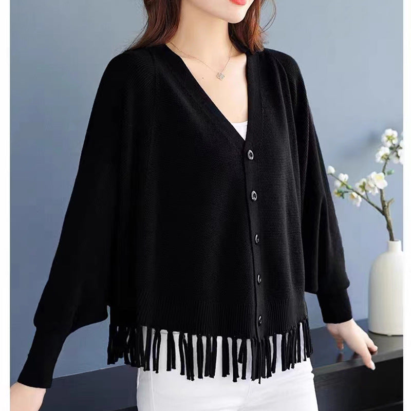 Women Loose V-neck Tassel Knitted Cardigan Winter