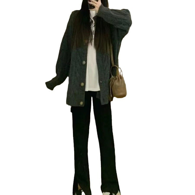 Women Vintage Cable Knit Sweater Loose Long Sleeve Winter Gray