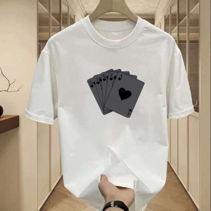 Men Loose Printed T-Shirt Black Poker Cards Summer