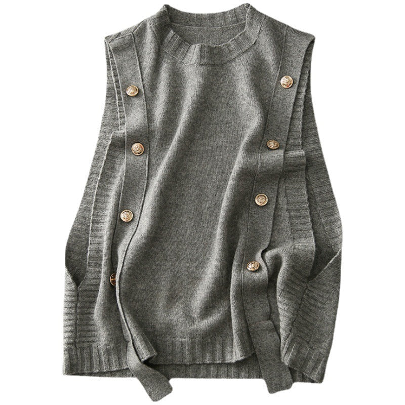 Women Knitted Button Vest Gray Casual Autumn Sweater