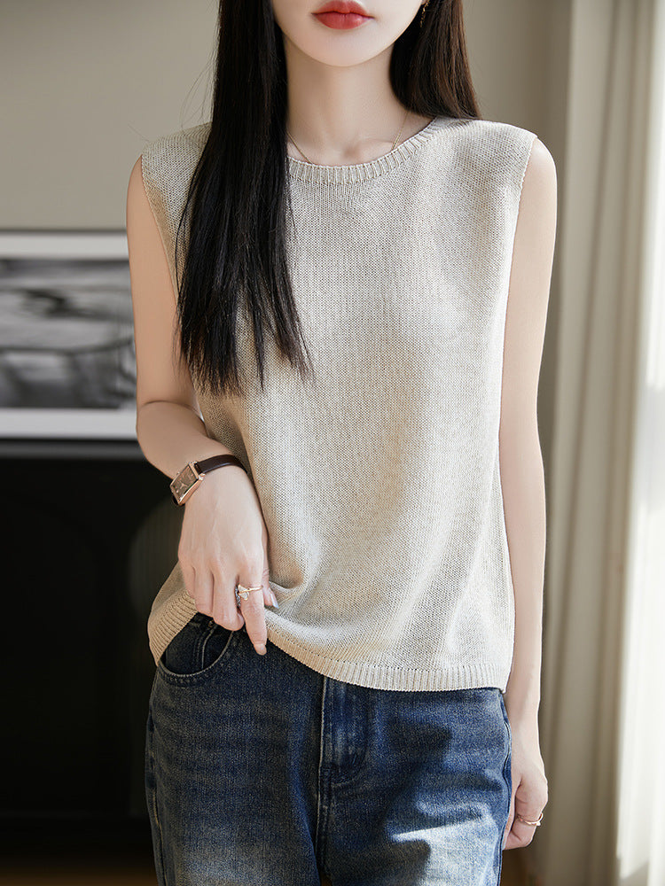 Women Knitted Linen Sleeveless Vest Solid Green Summer