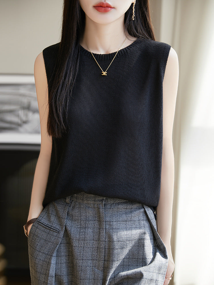 Women Knitted Linen Sleeveless Vest Solid Green Summer