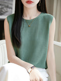 Women Knitted Linen Sleeveless Vest Solid Green Summer