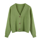 Women Green Waxy Knit Cardigan Jacket Winter New Style