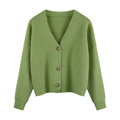 Women Green Waxy Knit Cardigan Jacket Winter New Style