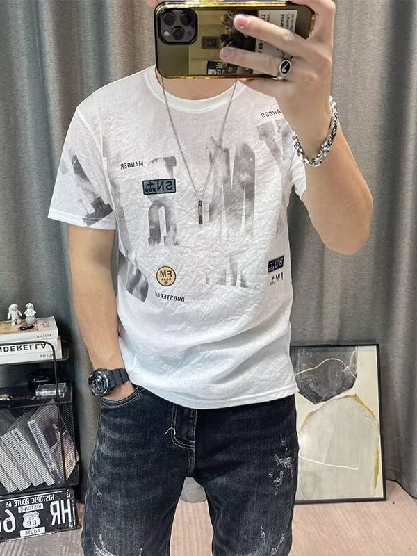 Men Printed Ice Silk T-Shirt Pure White Summer Casual