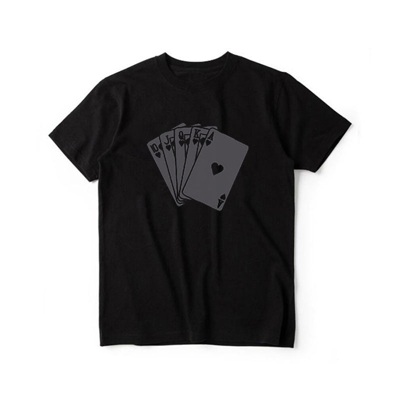 Men Loose Printed T-Shirt Black Poker Cards Summer