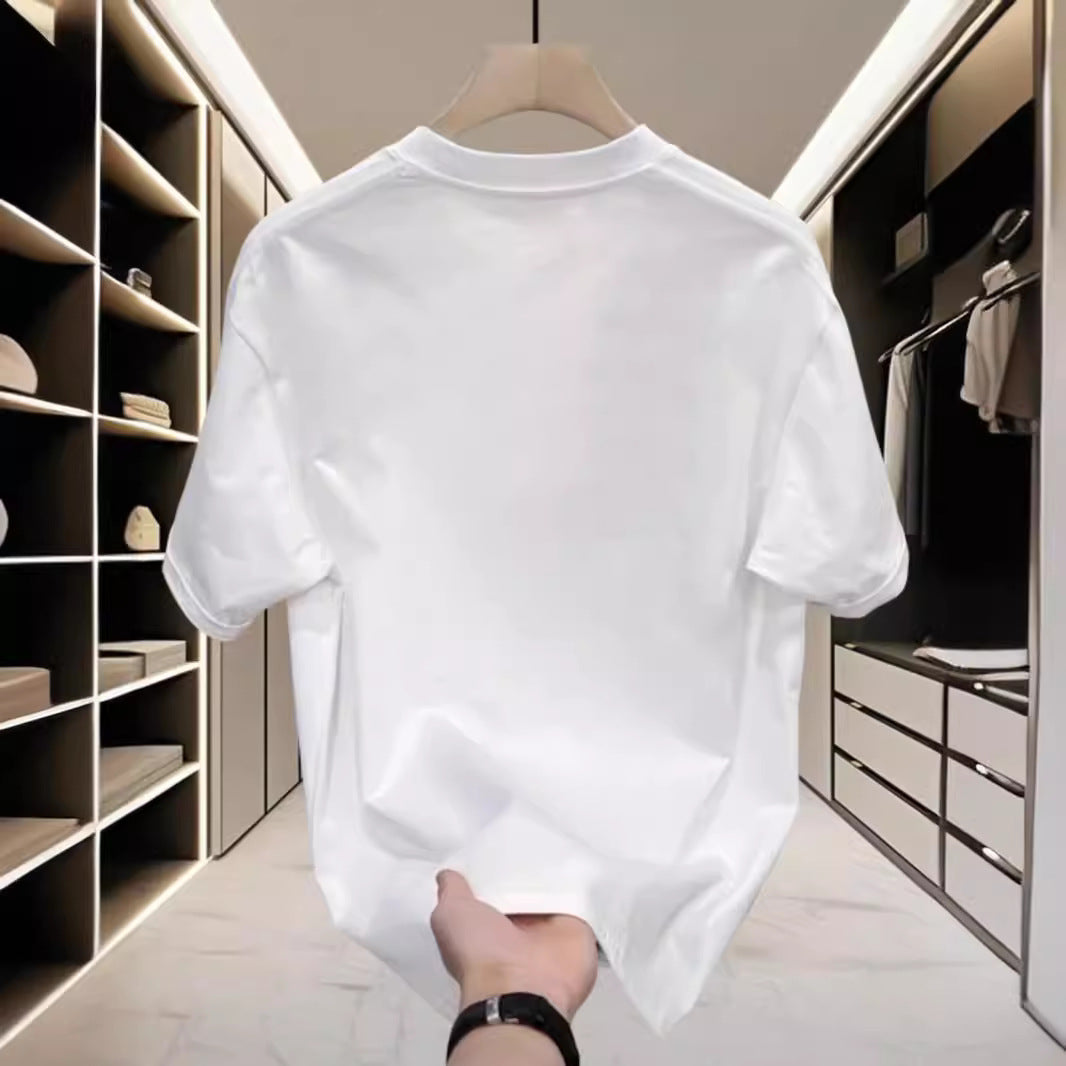 Men Cotton Short Sleeve T-Shirt White Loose Fit Summer
