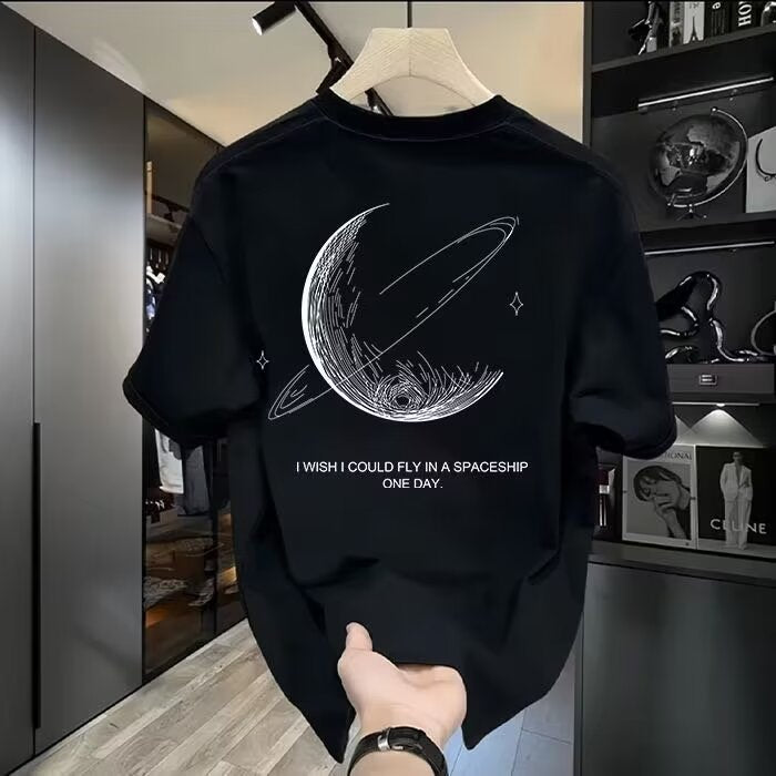 Black Graphic T-Shirt with Moon Design for Men Women Summer