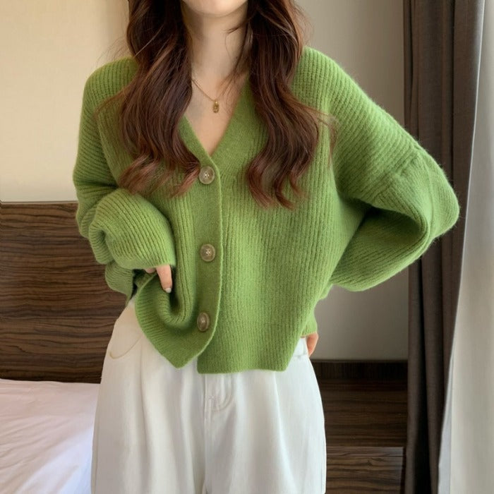 Women Green Waxy Knit Cardigan Jacket Winter New Style